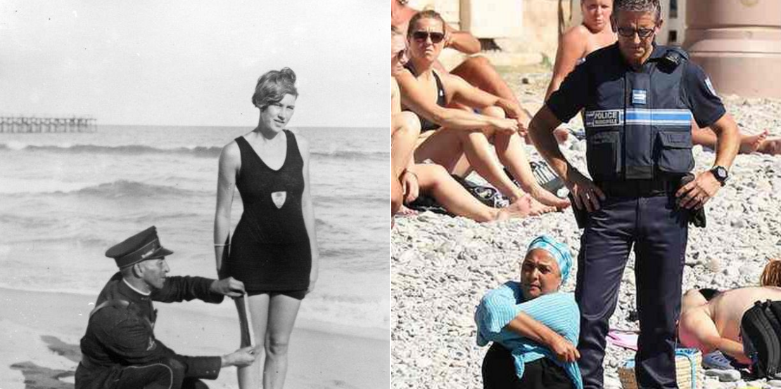 Juxtaposed photos go viral after police seen ordering woman to remove burqini on French beach